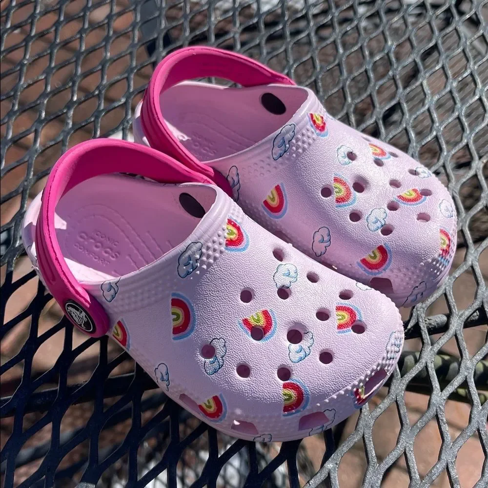 CROCS Kids Light Pink Clogs with Rainbow & Cloud Design Size 7